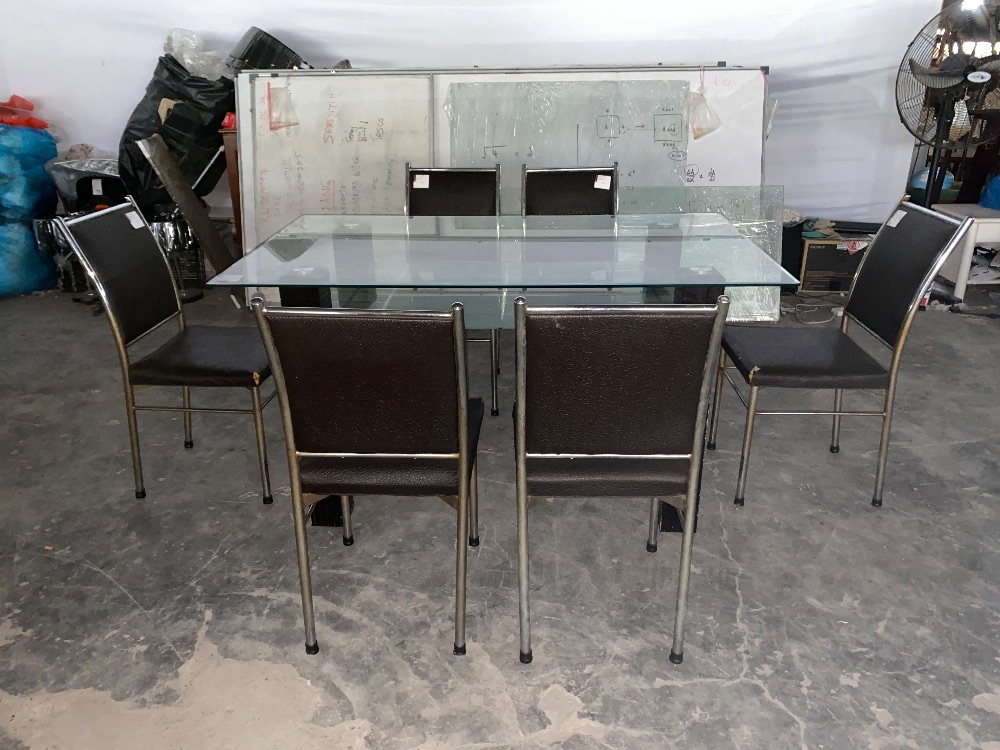 Glass Top Wooden Leg Dining Table with 6 Chairs Set / Meja Makan Kaki