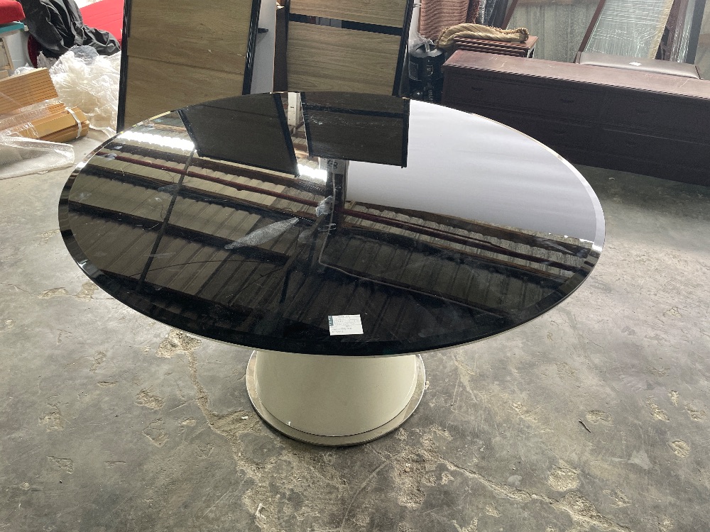 Black Glass Top Round 5 Seater Dining Table Meja Makan 5 Tempat Duduk Bulat Kaca Hitam