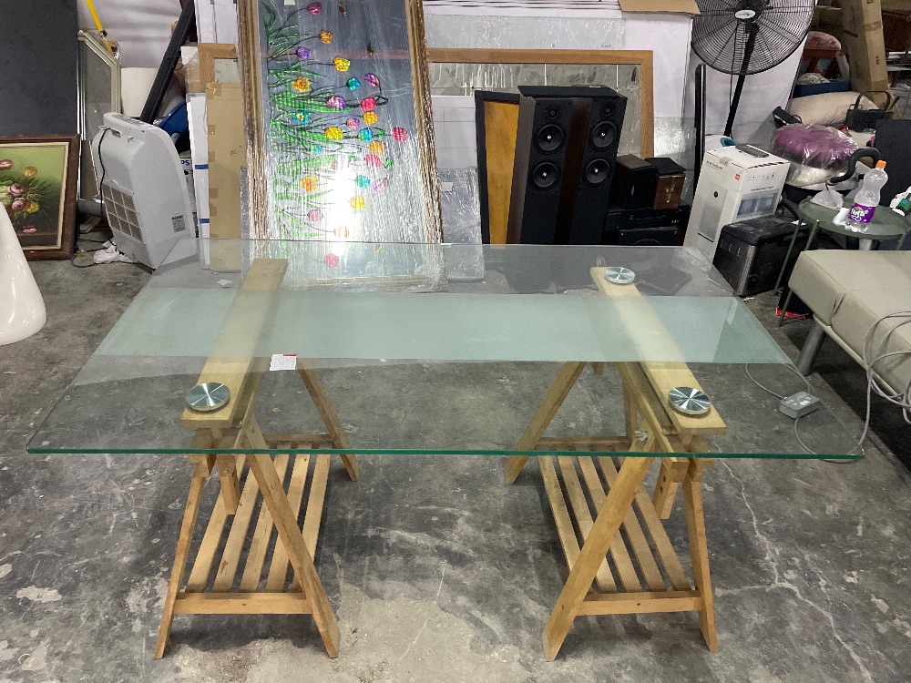 Custom Glass Top Wooden Leg 6 Seater Dining Table / Meja Makan 6 Tempat