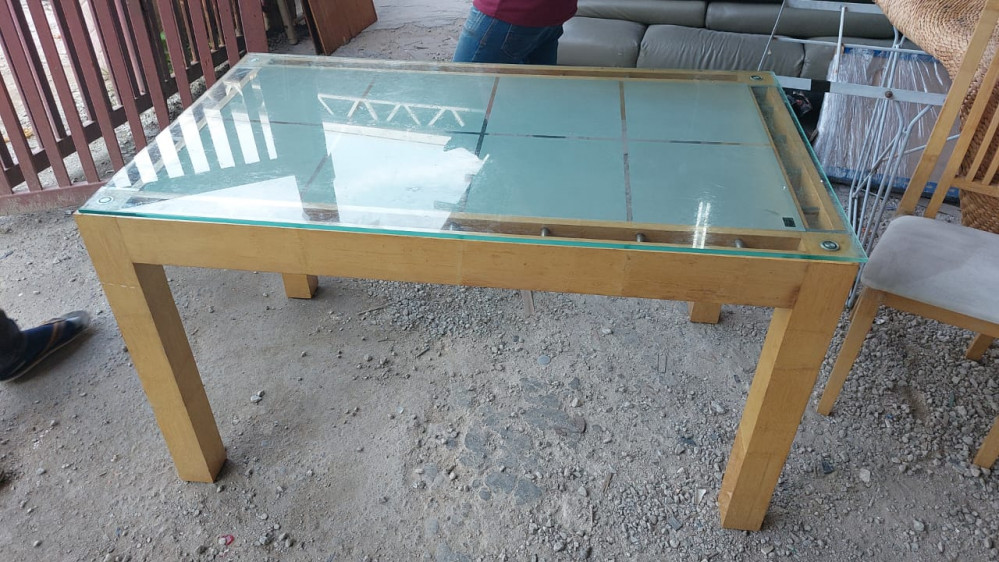 Blue GlassTop Wooden 6Seater Dining Table Unearth Store