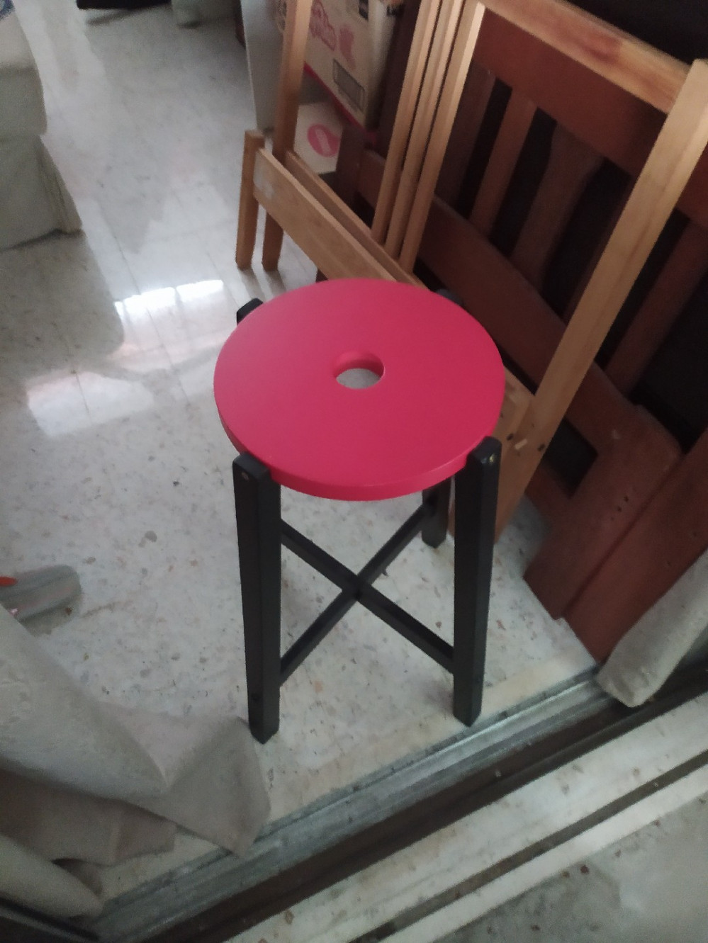 Red Wooden Bar Stool / Bangku Bar Kayu Merah Unearth Store